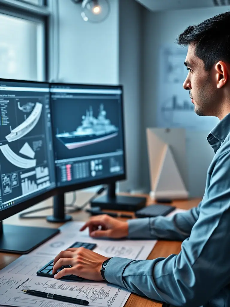 A naval architect working on a ship design using CAD software, showcasing the complexity and precision of naval architecture. The screen displays a detailed 3D model of a vessel.