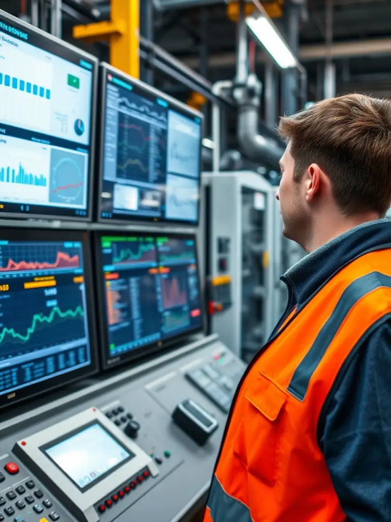 A process engineer monitoring a control panel in a manufacturing plant, highlighting the optimization of industrial processes. The panel displays real-time data and process metrics.