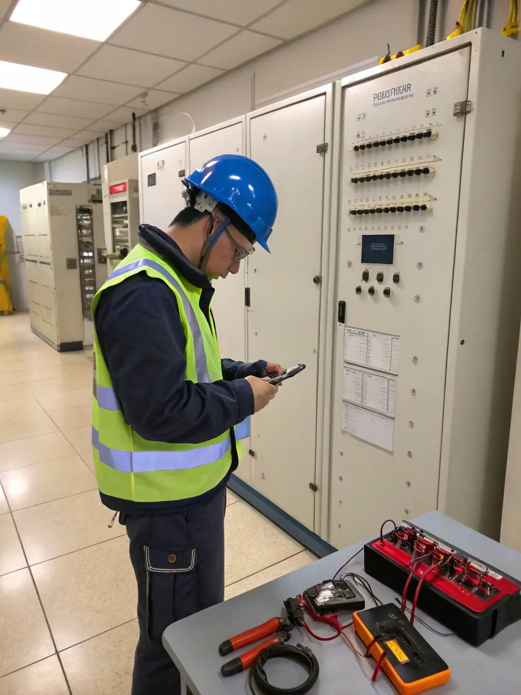 An electrical engineer inspecting a power distribution system, emphasizing the reliability and efficiency of electrical systems. The engineer is using a multimeter to check voltage levels.